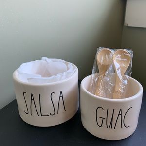 Rae Dunn Salsa and Guac Bowl set with spoons.